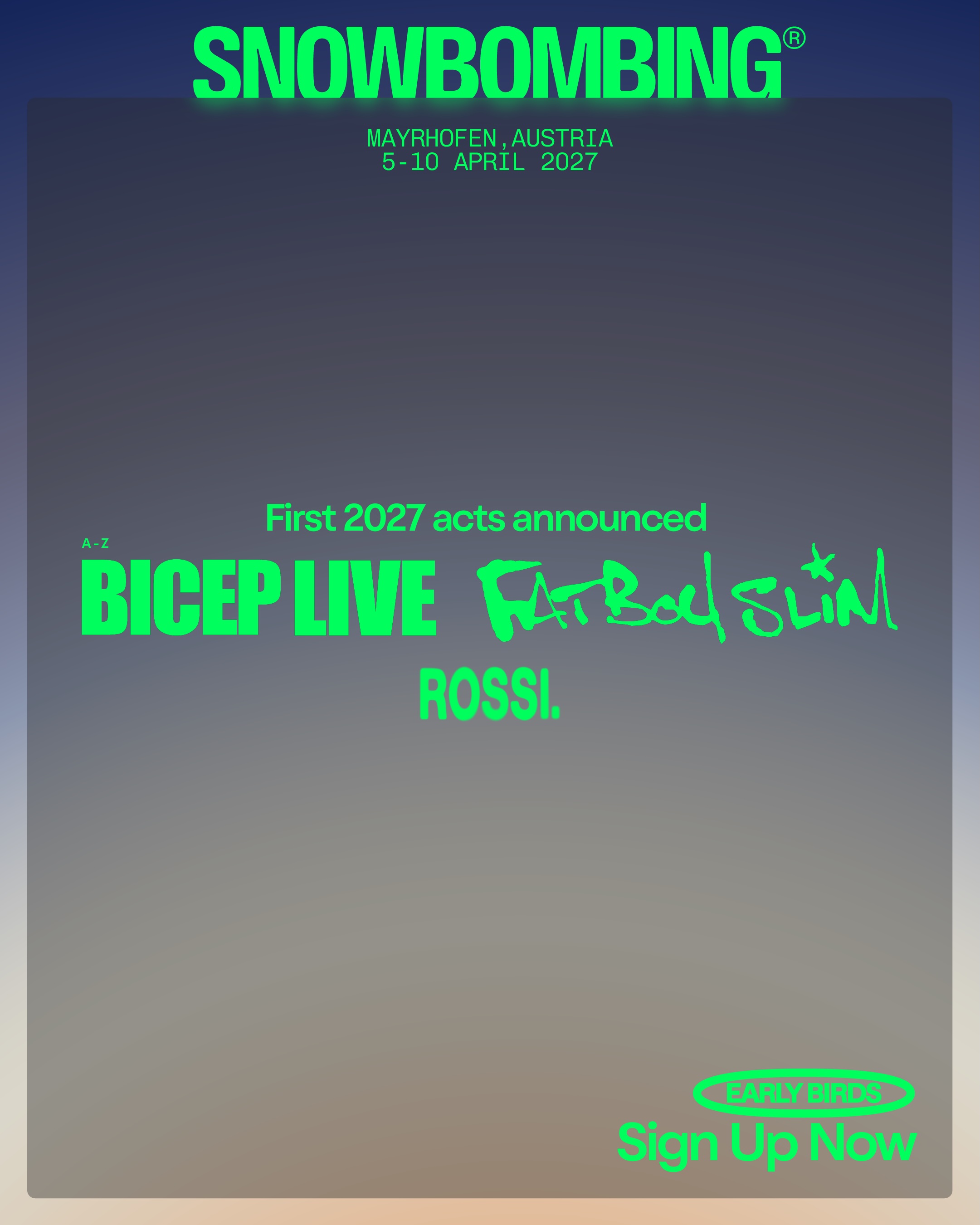 Snowbombing 2027 first-announcement artwork with the initial three acts