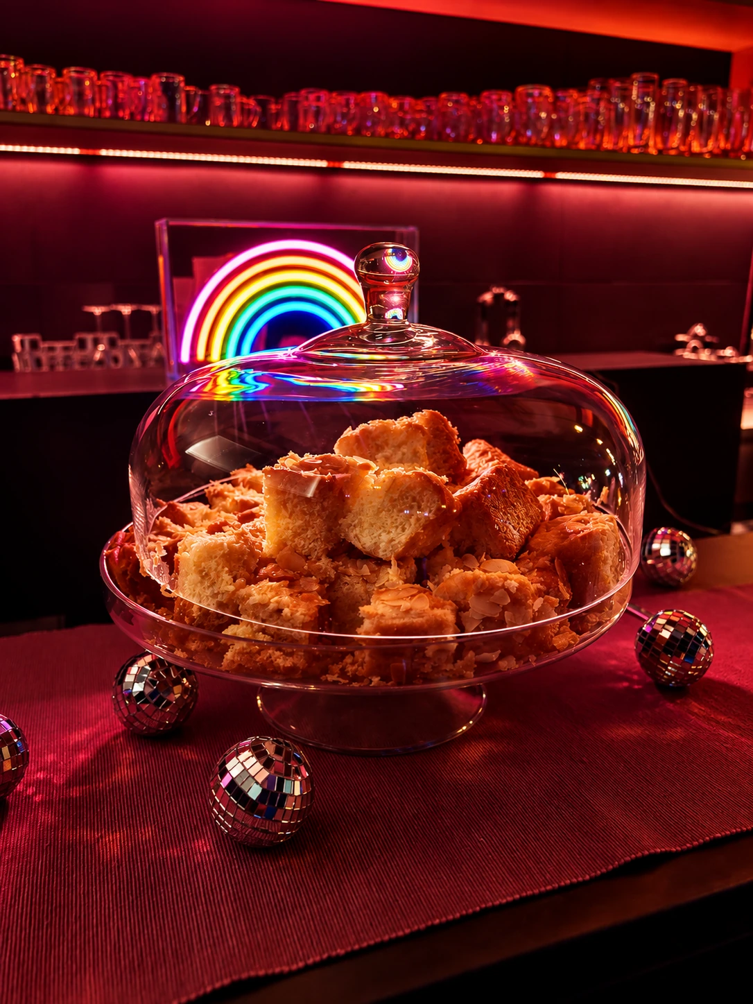 Cake under a glass dome at the bar
